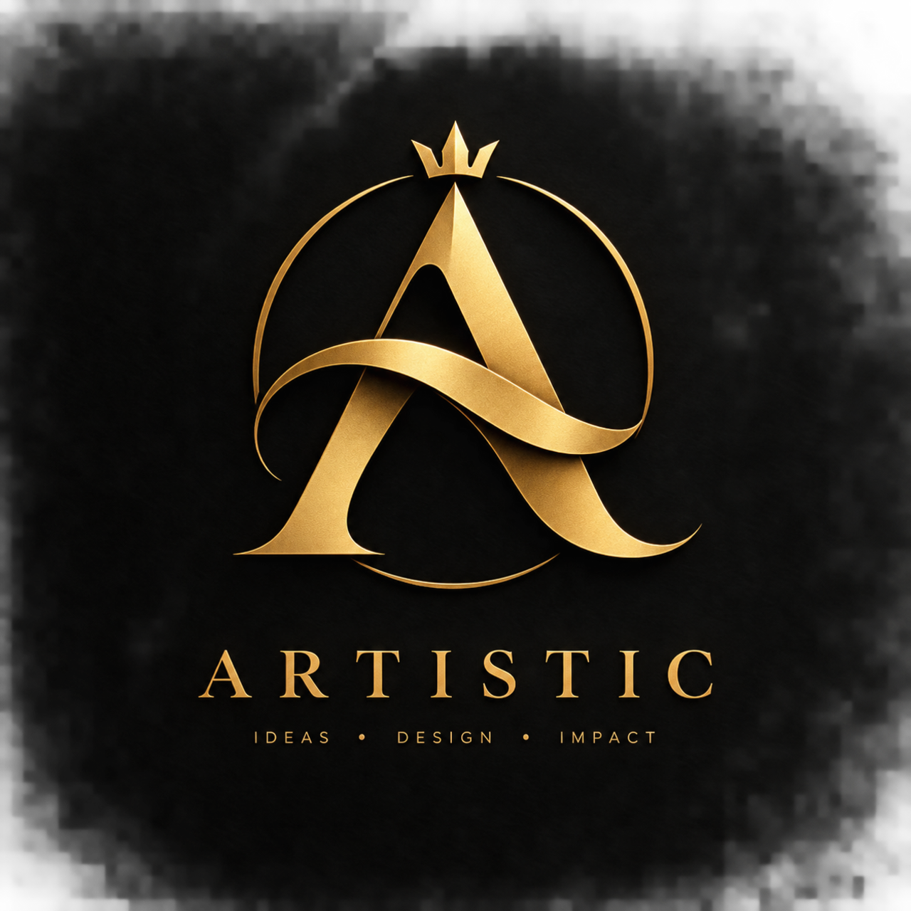 Luxury black-and-gold logo featuring a stylized letter A with flowing ribbon curves, a crown accent, circular halo, and elegant “ARTISTIC” typography with the tagline “IDEAS • DESIGN • IMPACT.”